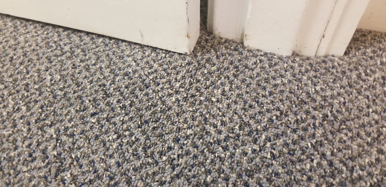 Same blue and gray carpet after the dried paint was removed