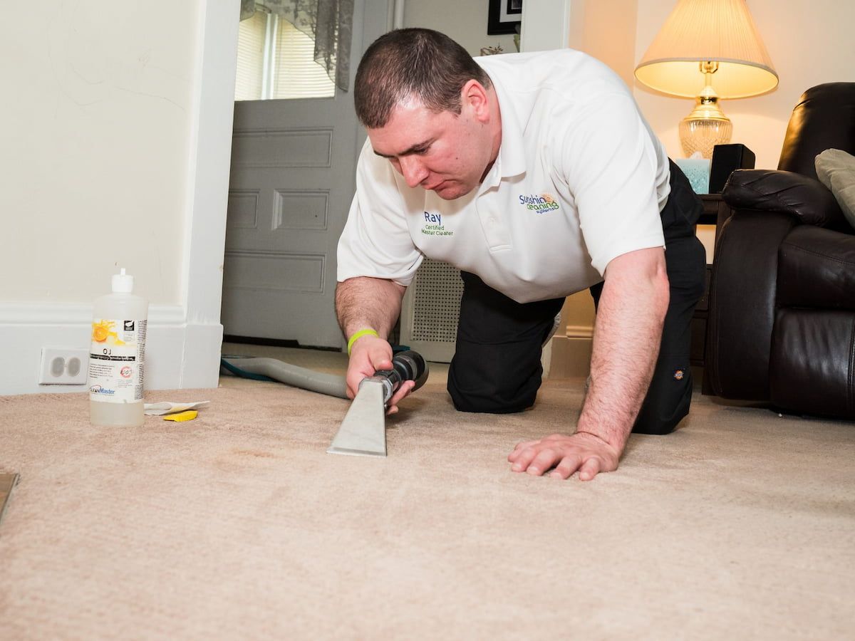Ray DeMeo kneeling on beige carpet treating a stain with an extraction wand and spotting solution