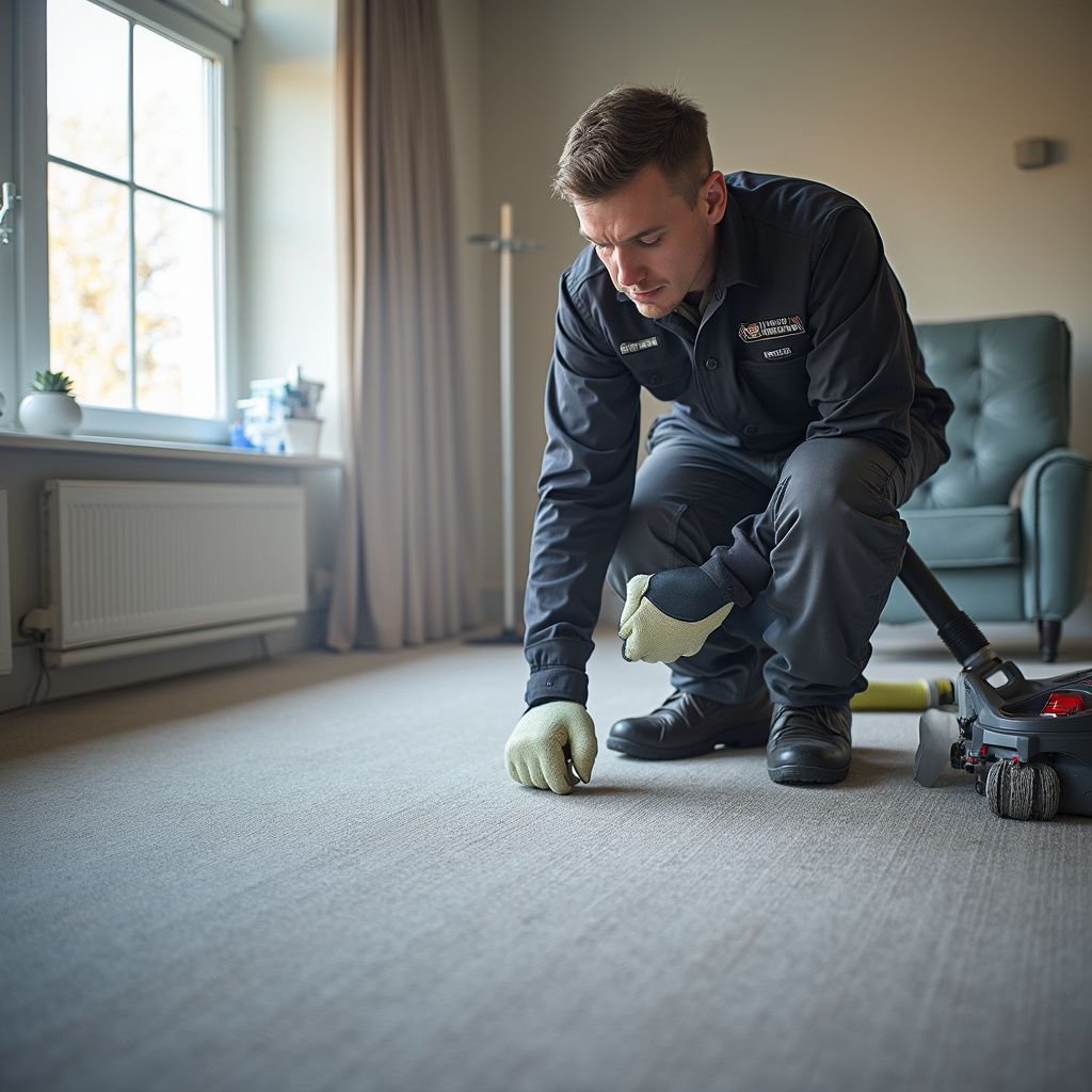 Man kneeling to inspect carpet, wearing work clothes and gloves, vacuum cleaner nearby.