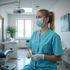 Medical professional in blue scrubs and mask in a dental office.