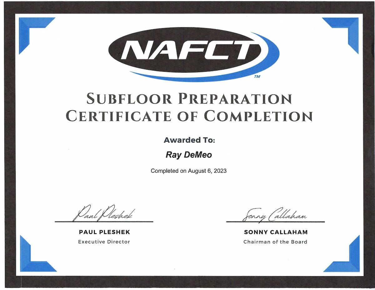 Ray DeMeo, Subfloor Preparation certificate, NAFCT, 2023