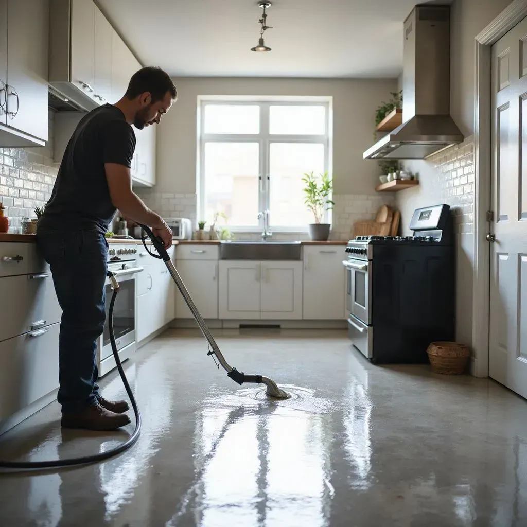 Kitchen tile floor wet from a dishwasher leak