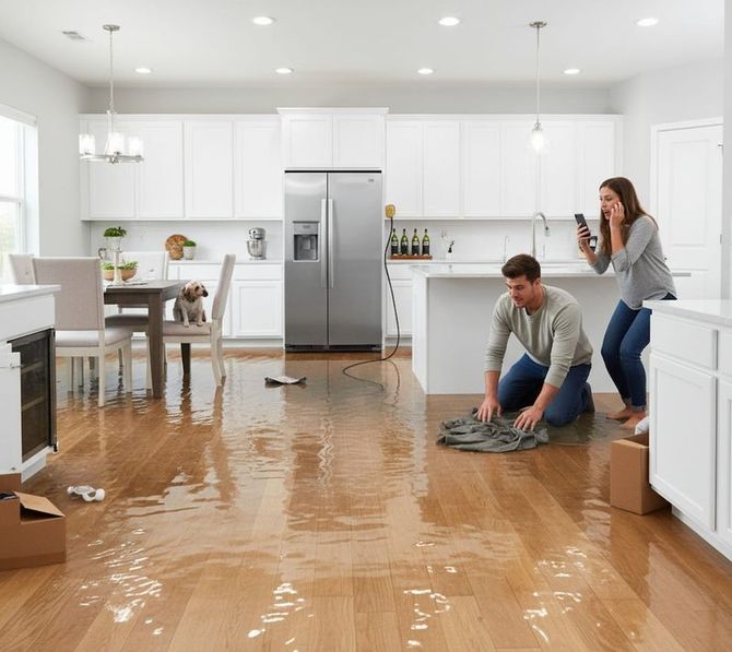 Couple dealing with water flooding a kitchen floor