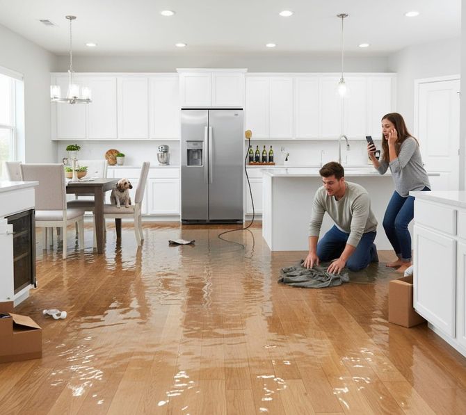 Couple dealing with water flooding a kitchen floor