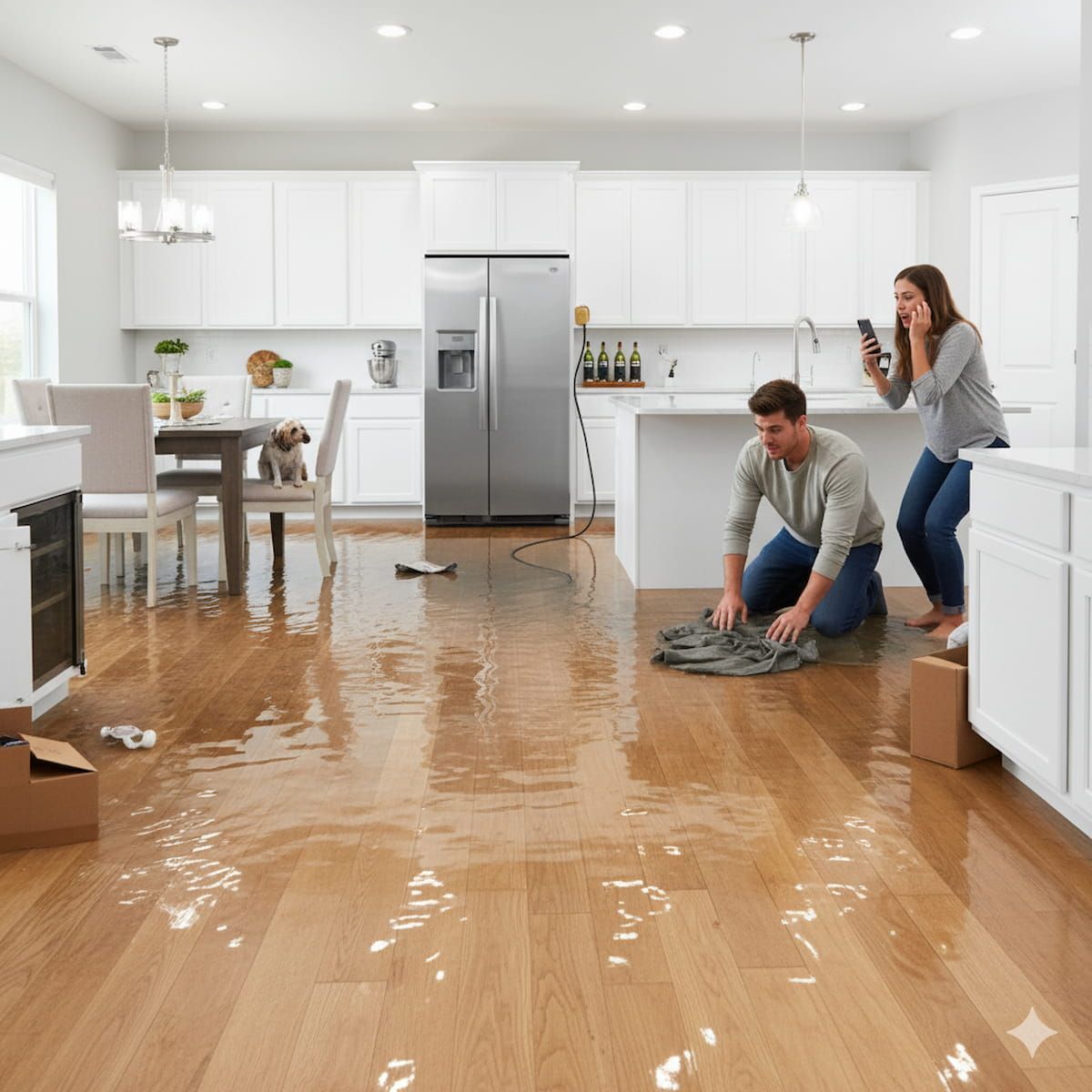 Emergency water damage restoration service in progress - couple dealing with flooded kitchen floor in Greater Boston home