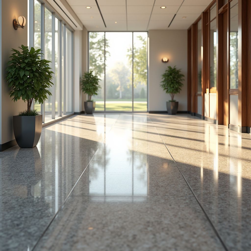 Hallway with glossy floor, sunlight streaming through windows, potted plants, and wooden accents.