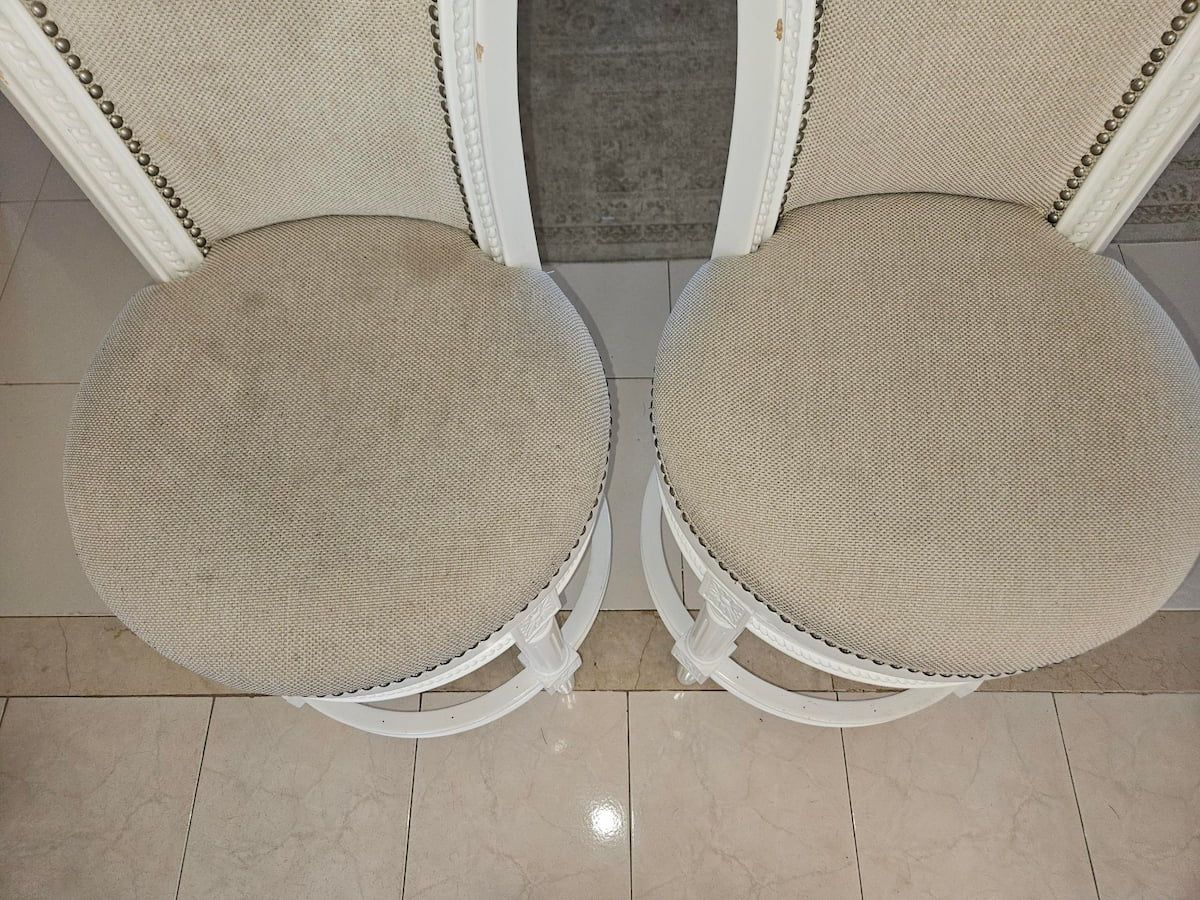 Fabric barstool with soiled seat cushions before and after upholstery cleaning, Waltham MA