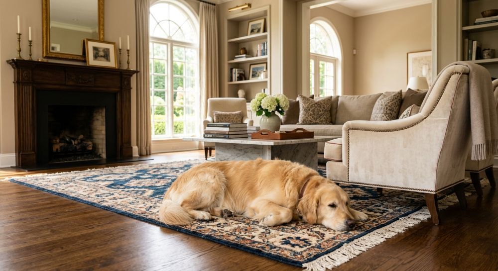 Golden retriever resting on a clean area rug in a well-appointed living room