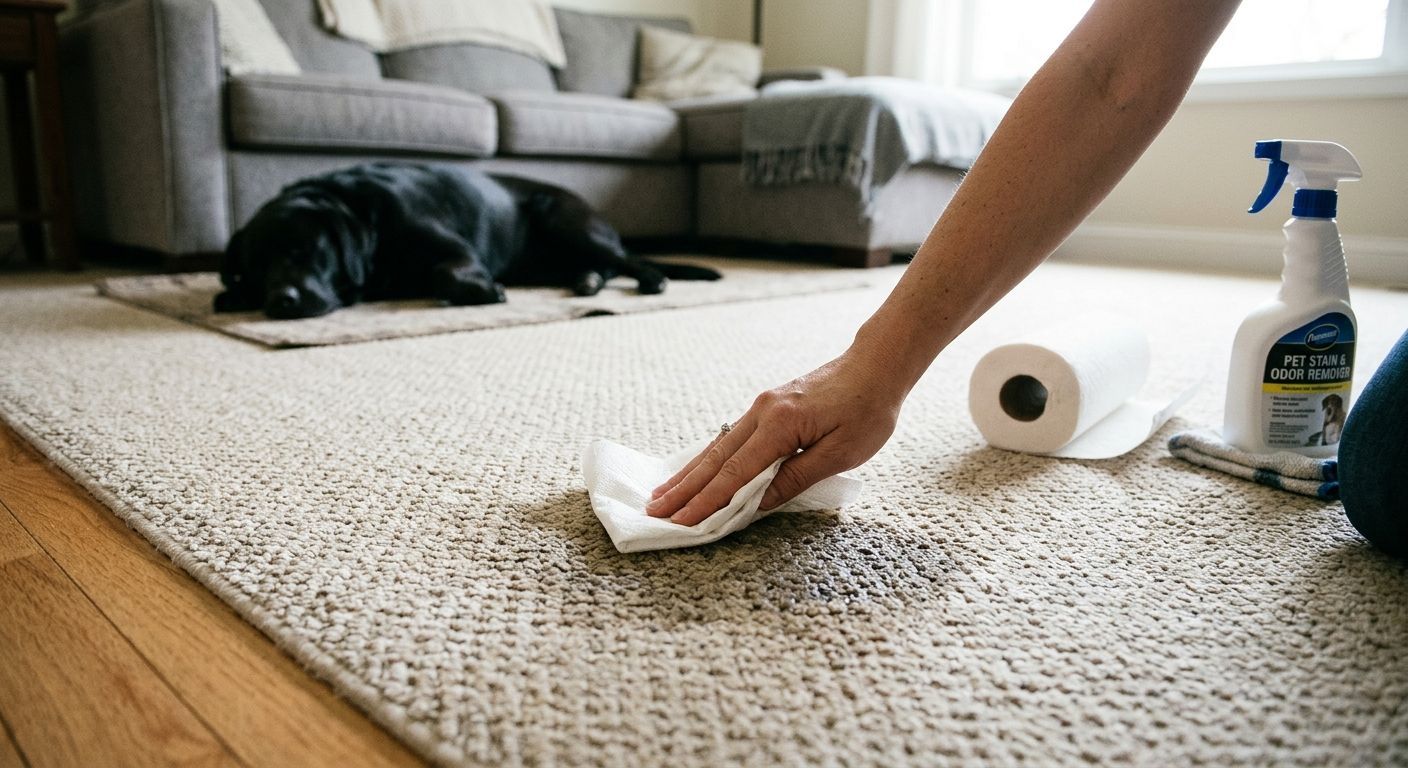 Close-up of a hand using a folded paper towel to blot a damp pet accident spot on a textured light beige carpet.