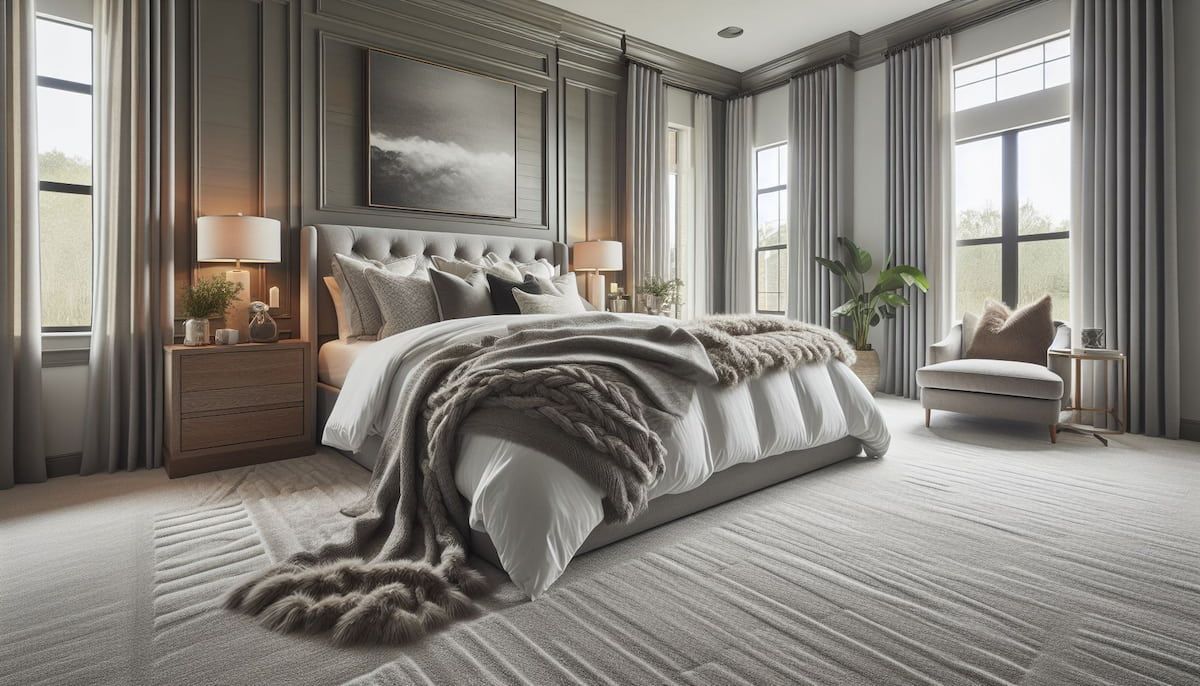 Pristine luxury bedroom with freshly cleaned carpet in high-end Greater Boston home showing professional carpet cleaning results