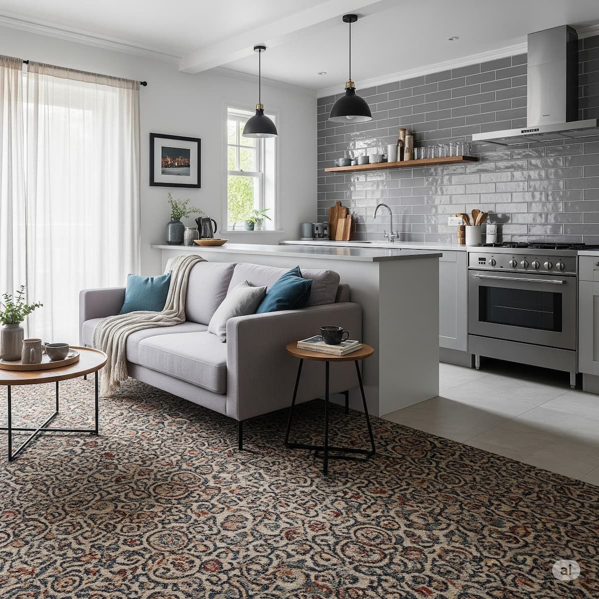 Living room with sofa, kitchen counter, rug, and pendant lights.