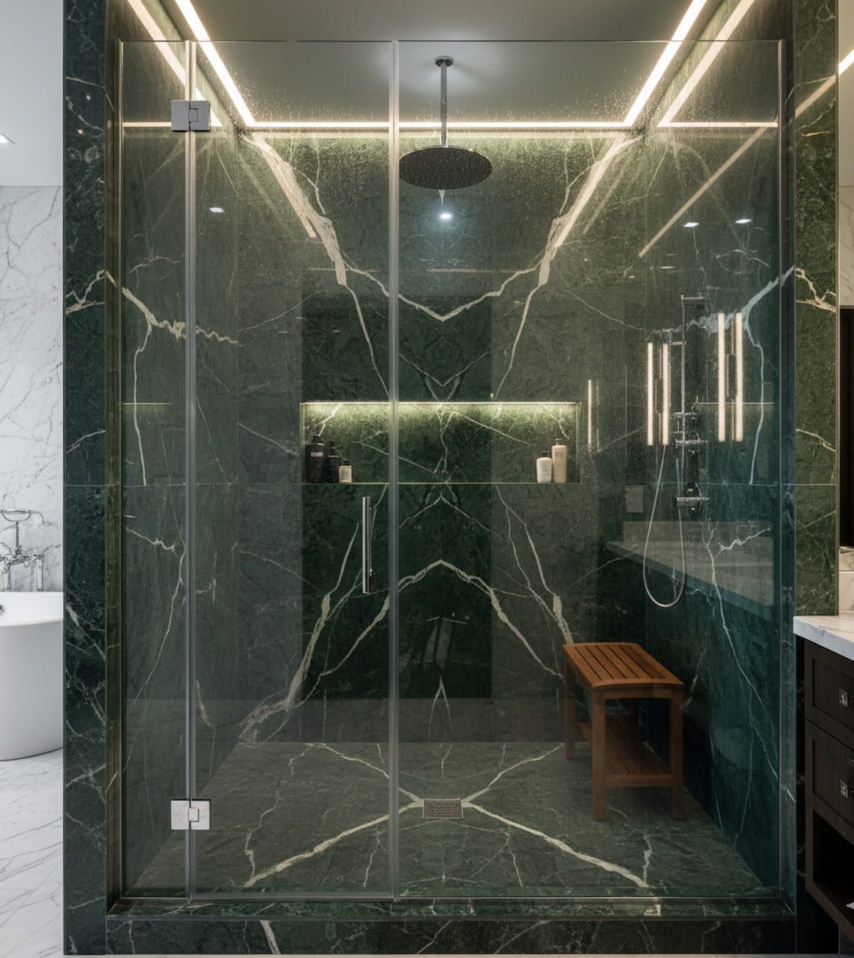 Pristine luxury bathroom with dark marble shower enclosure and spotless glass doors showcasing professional stone and glass cleaning in Greater Boston