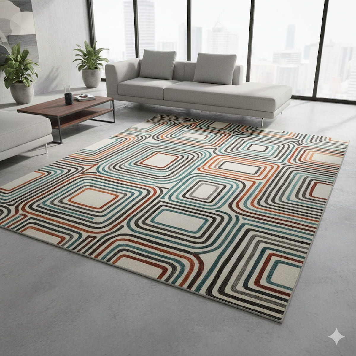 Modern living room with a patterned rug, sofa, coffee table, and large windows.