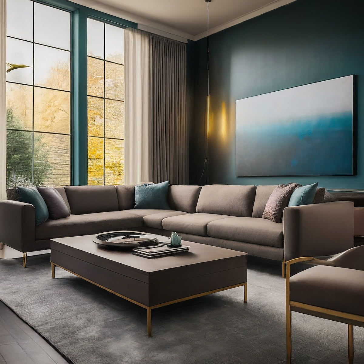 Elegant modern living room with pristine sectional sofa and designer upholstery showcasing professional cleaning results in Greater Boston luxury home