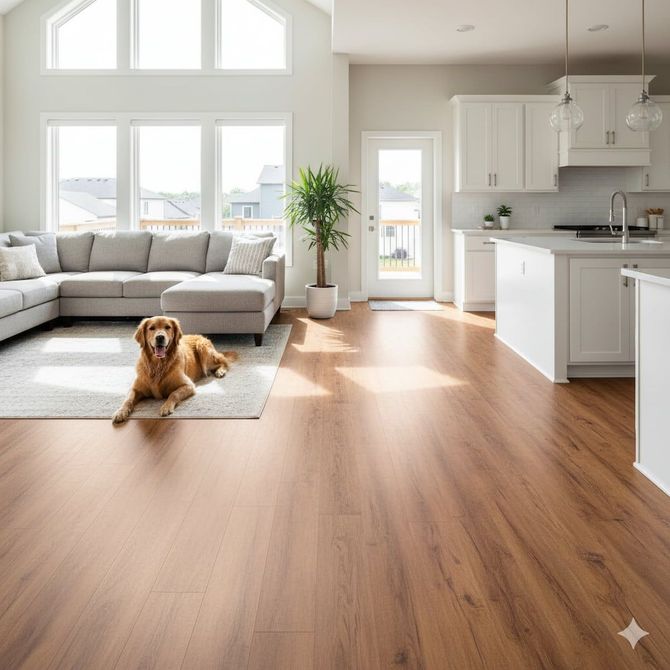 Dog lying on a wood-look vinyl plank floor in a bright, open living room