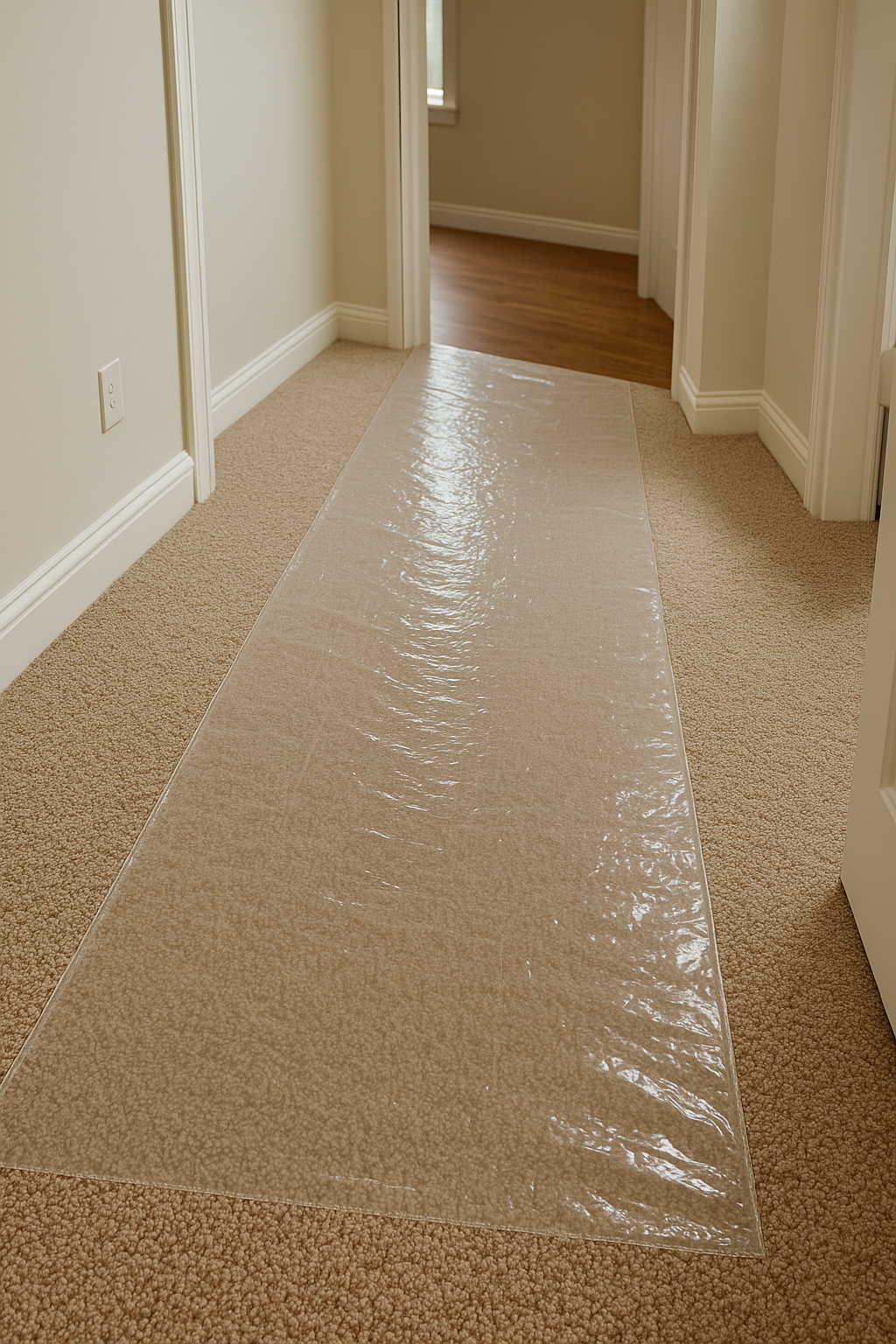 Self-adhesive clear plastic carpet protection shield on beige carpet hallway