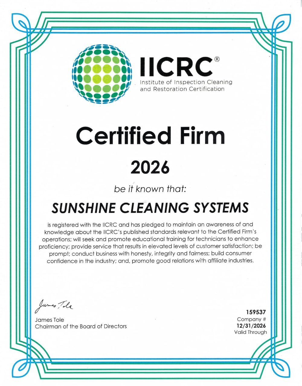 IICRC Certified Firm certificate for Sunshine Cleaning Systems, valid through December 31, 2026