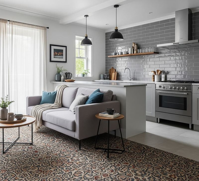 Living room with a fabric sofa, upholstered chair and area rug