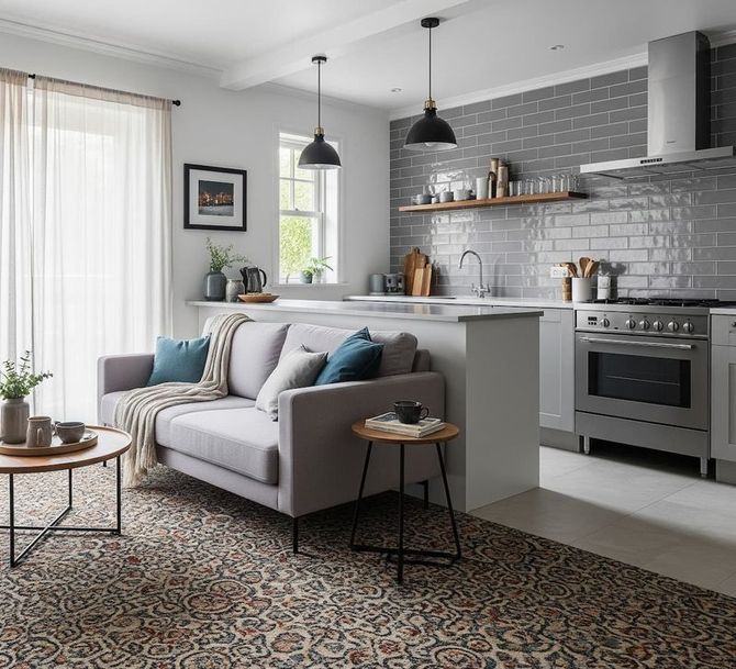 Living room with a fabric sofa, upholstered chair and area rug