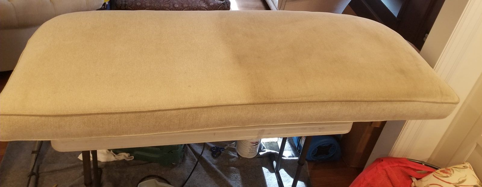 Half-cleaned cushion comparison, Brookline MA