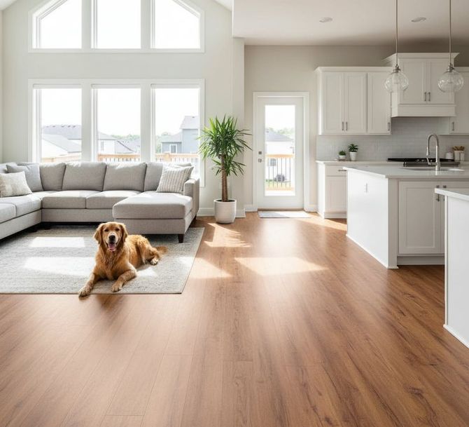 Dog lying on a wood-look vinyl plank floor in a bright, open living room