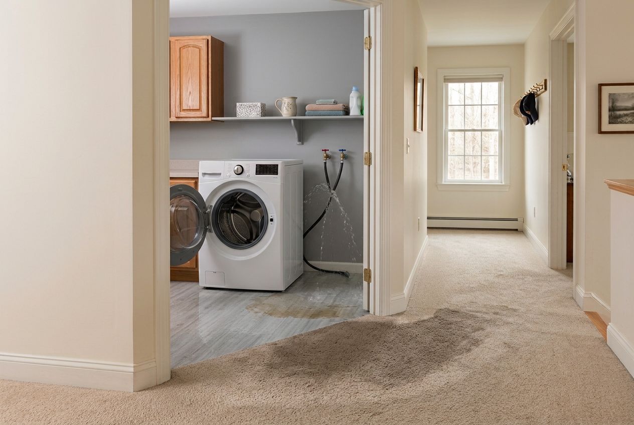 Laundry room floor wet from a washing machine leak