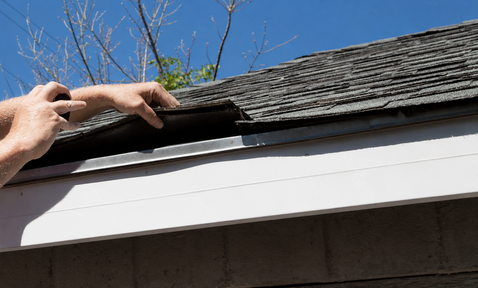Hands lifting a shingle on a house roof above white siding