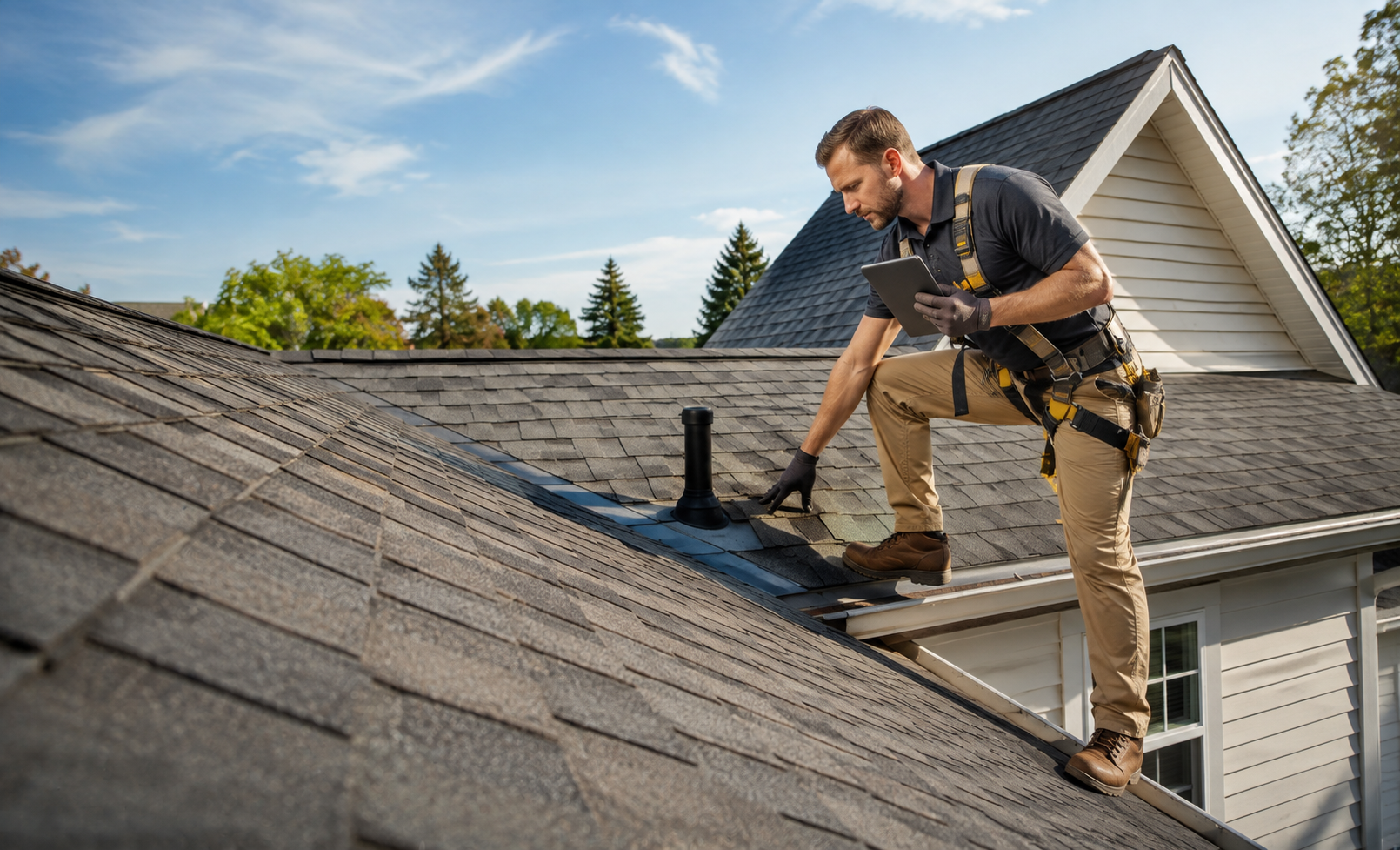 Roof inspector in neon vest checking shingles on a steep residential roof with a clipboard