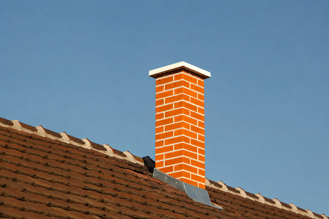 Orange brick chimney on a tiled roof against a blue sky