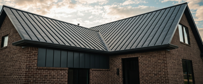 Brick house with a dark metal roof and dormer windows under a cloudy sky