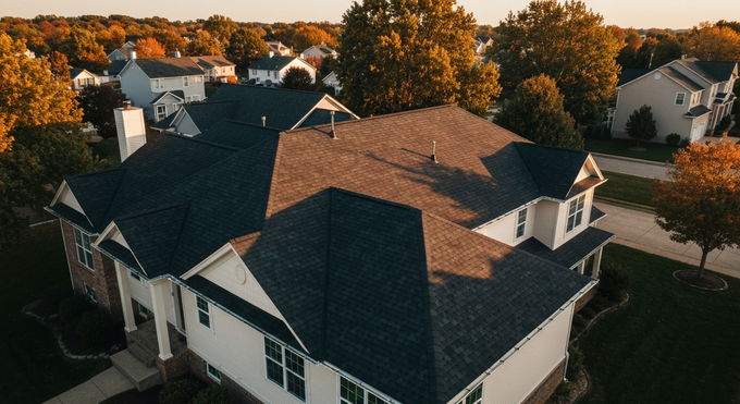 Aerial view of suburban houses with dark roofs at sunset, surrounded by autumn trees.