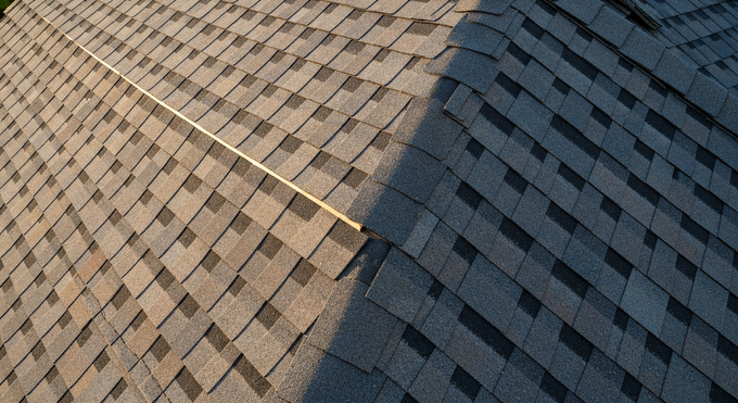 Shingled roof with two-tone gray and brown patches, divided by a diagonal shadow line.