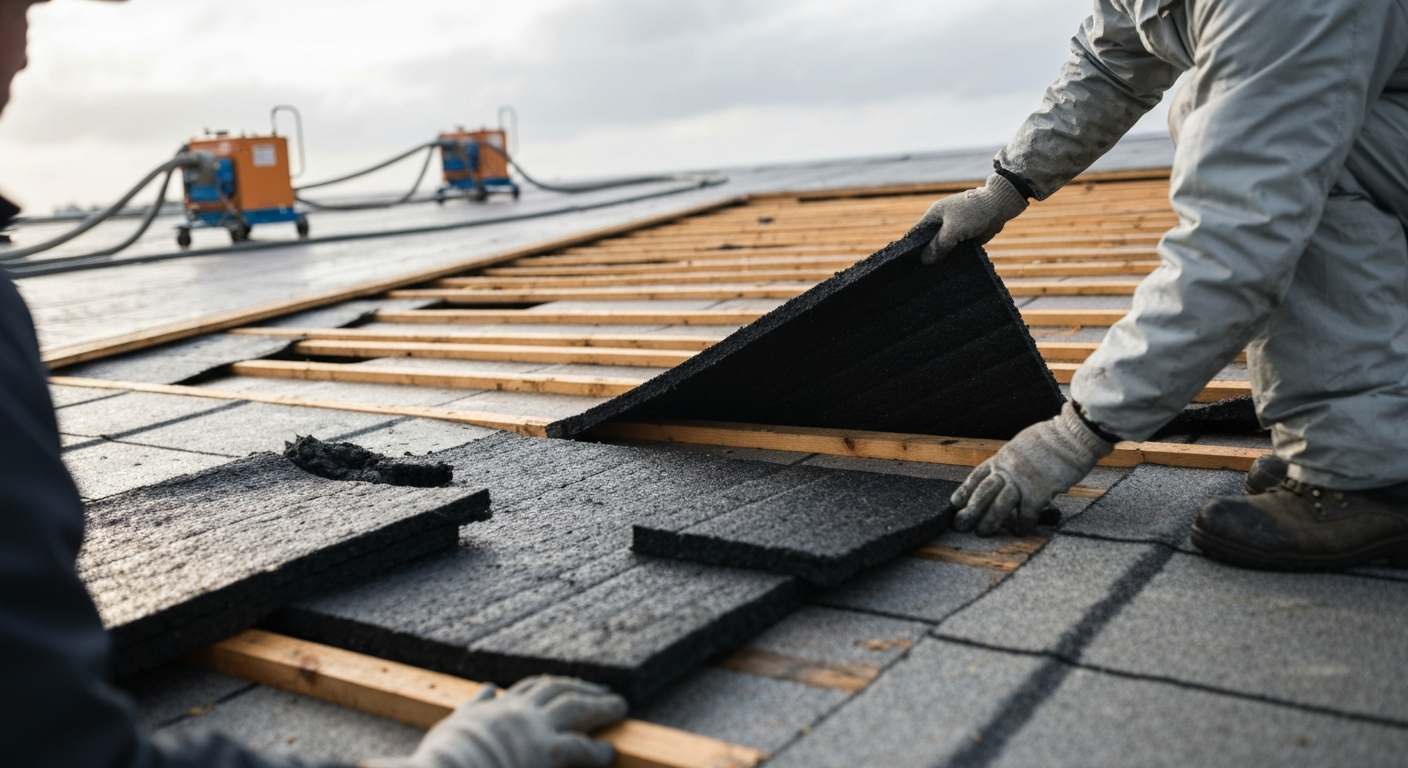 Worker lifting roof shingles during roofing repair on a house