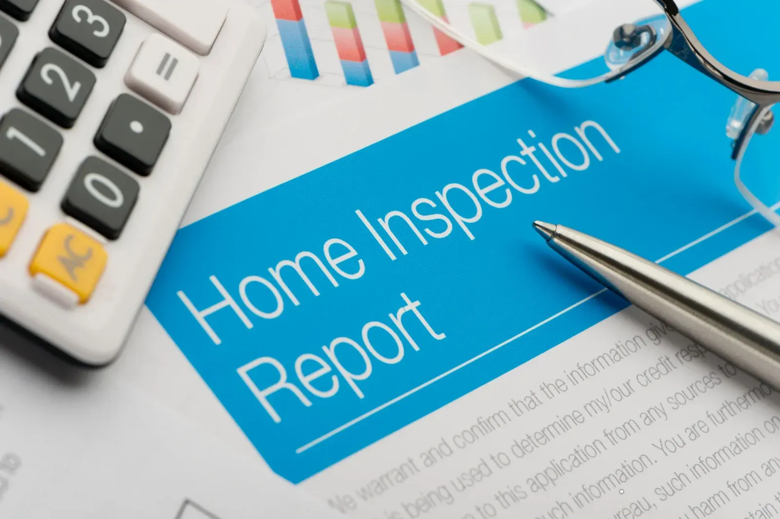 Home inspection report with calculator, pen, and glasses on a desk