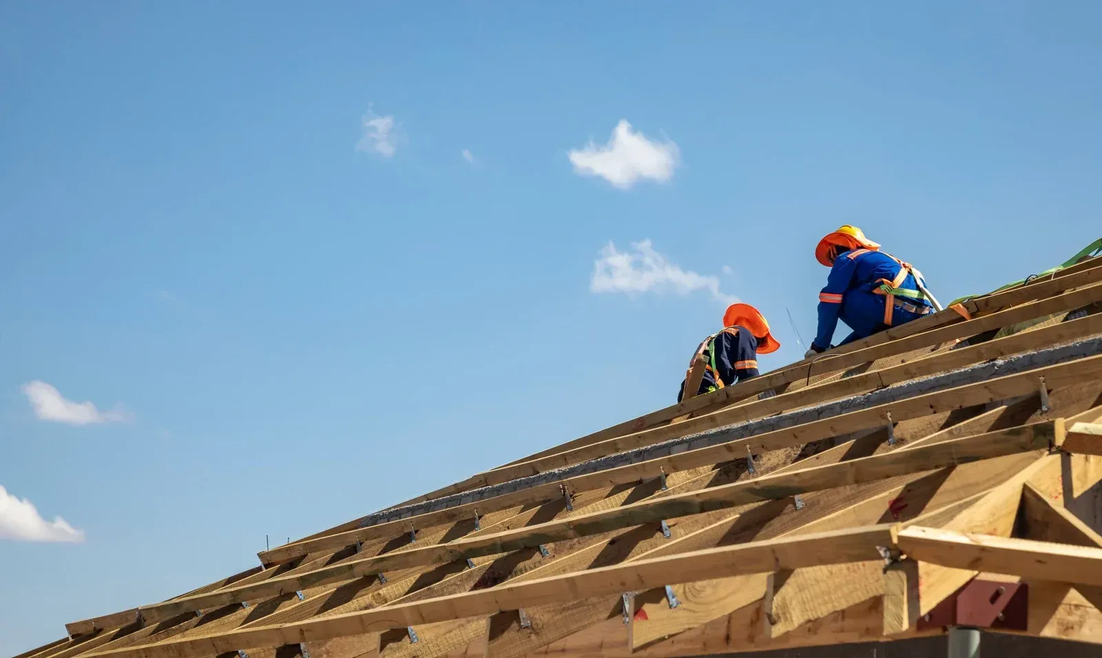 Two workers in orange safety gear on a steep wooden roof frame under a blue sky.