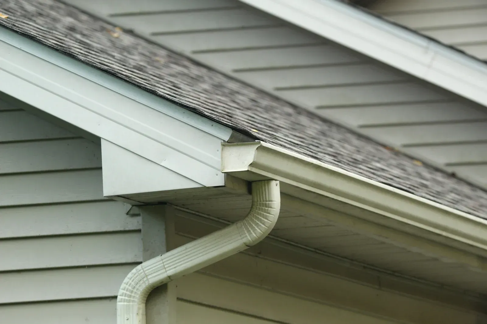 White house roof with a gutter and downspout beneath the eaves