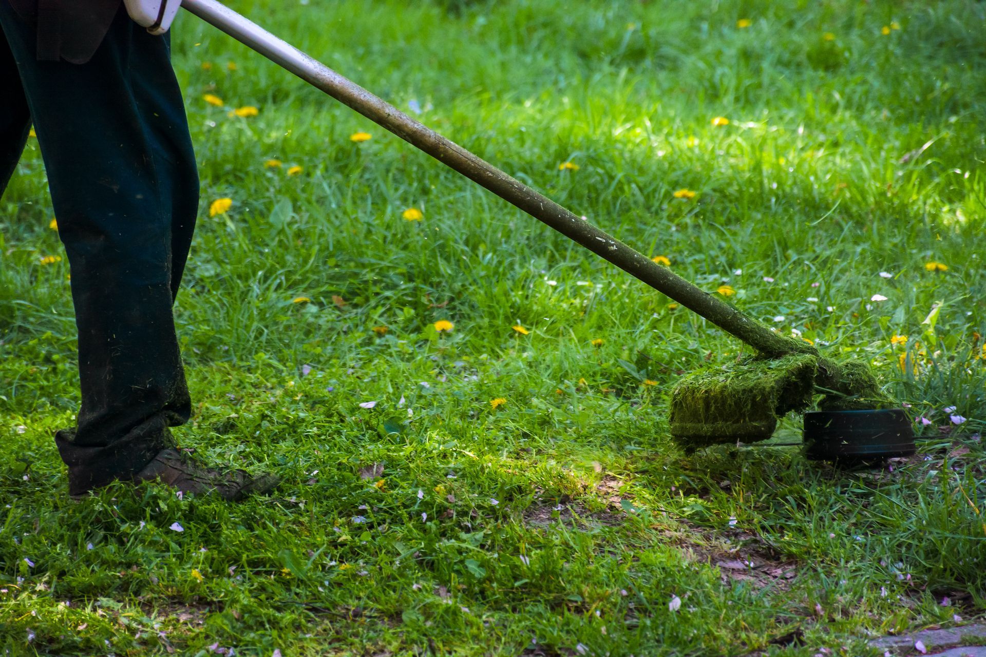 A person is cutting grass with a lawn mower.