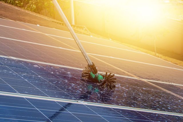 A person is cleaning a solar panel with a brush.