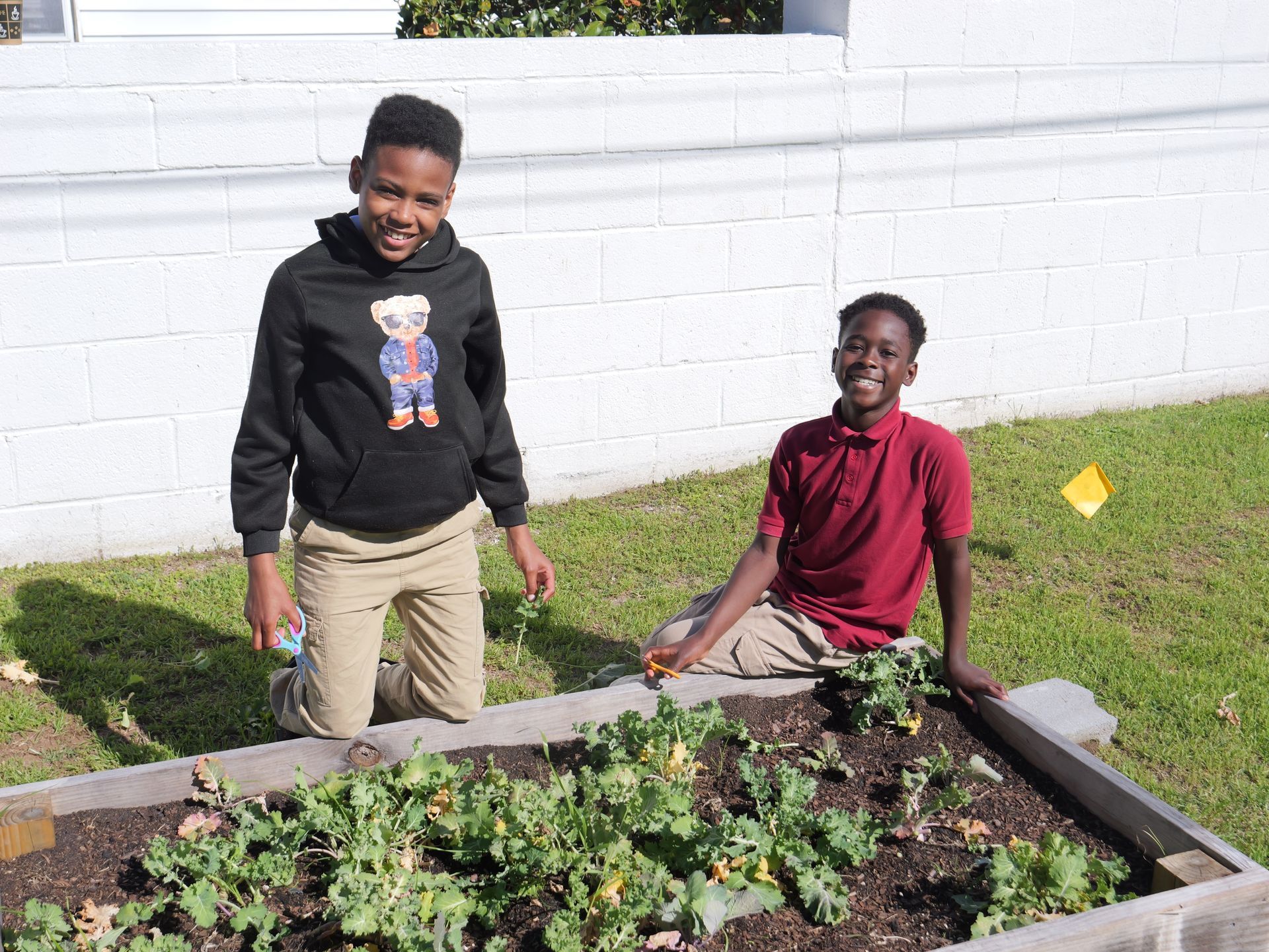 Two young boys are kneeling in a garden.