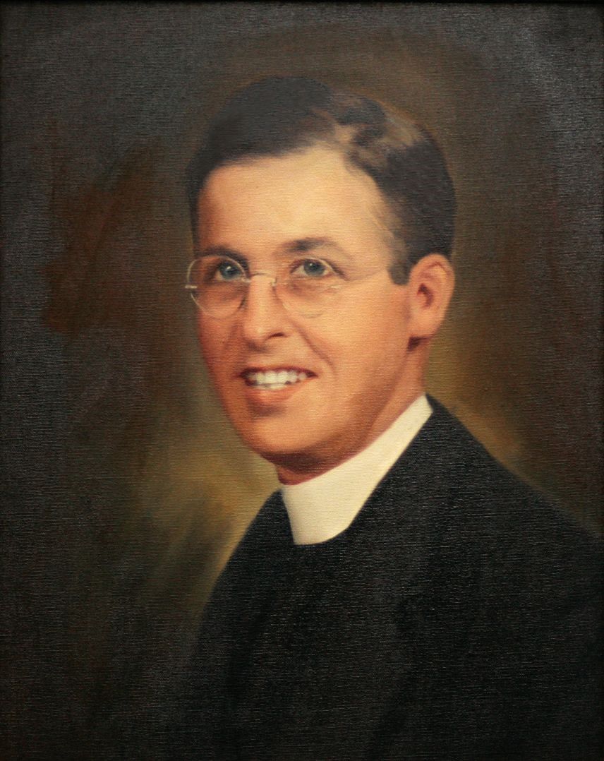 A painting of a man wearing glasses and a white collar