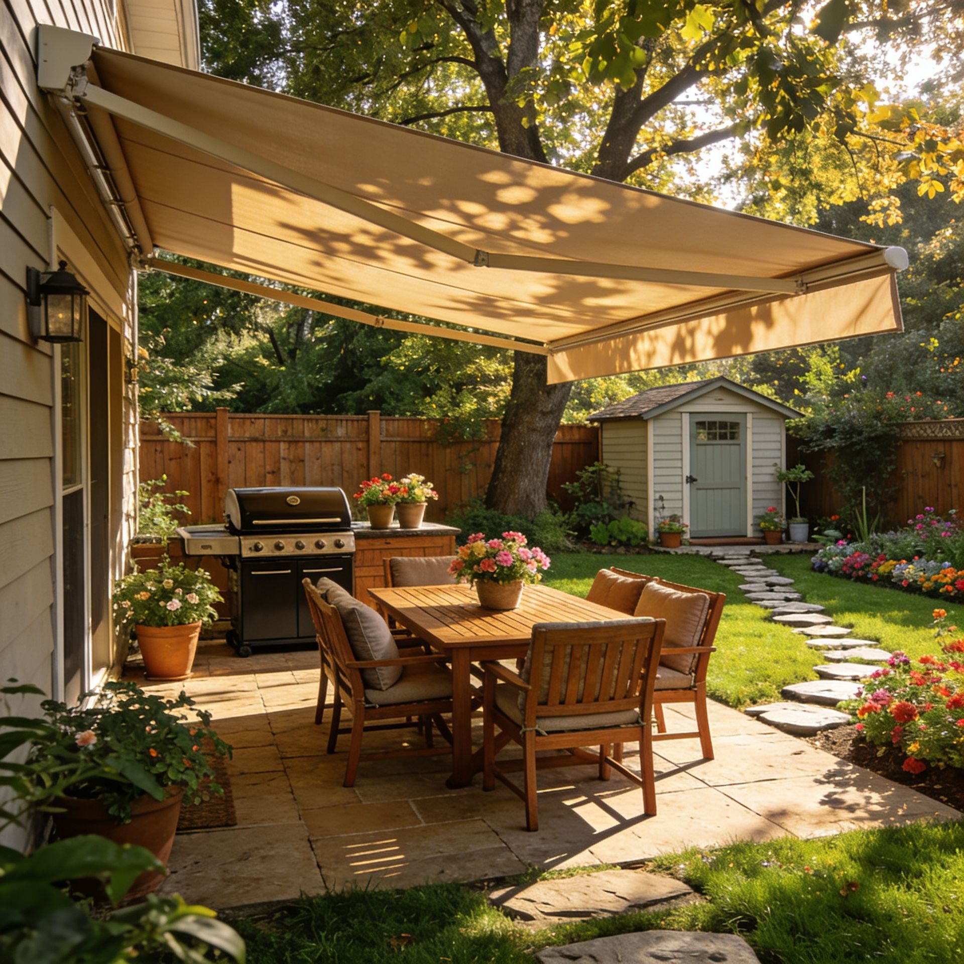Patio with beige awning, wooden dining set, grill, potted flowers, and garden path in a sunny backyard