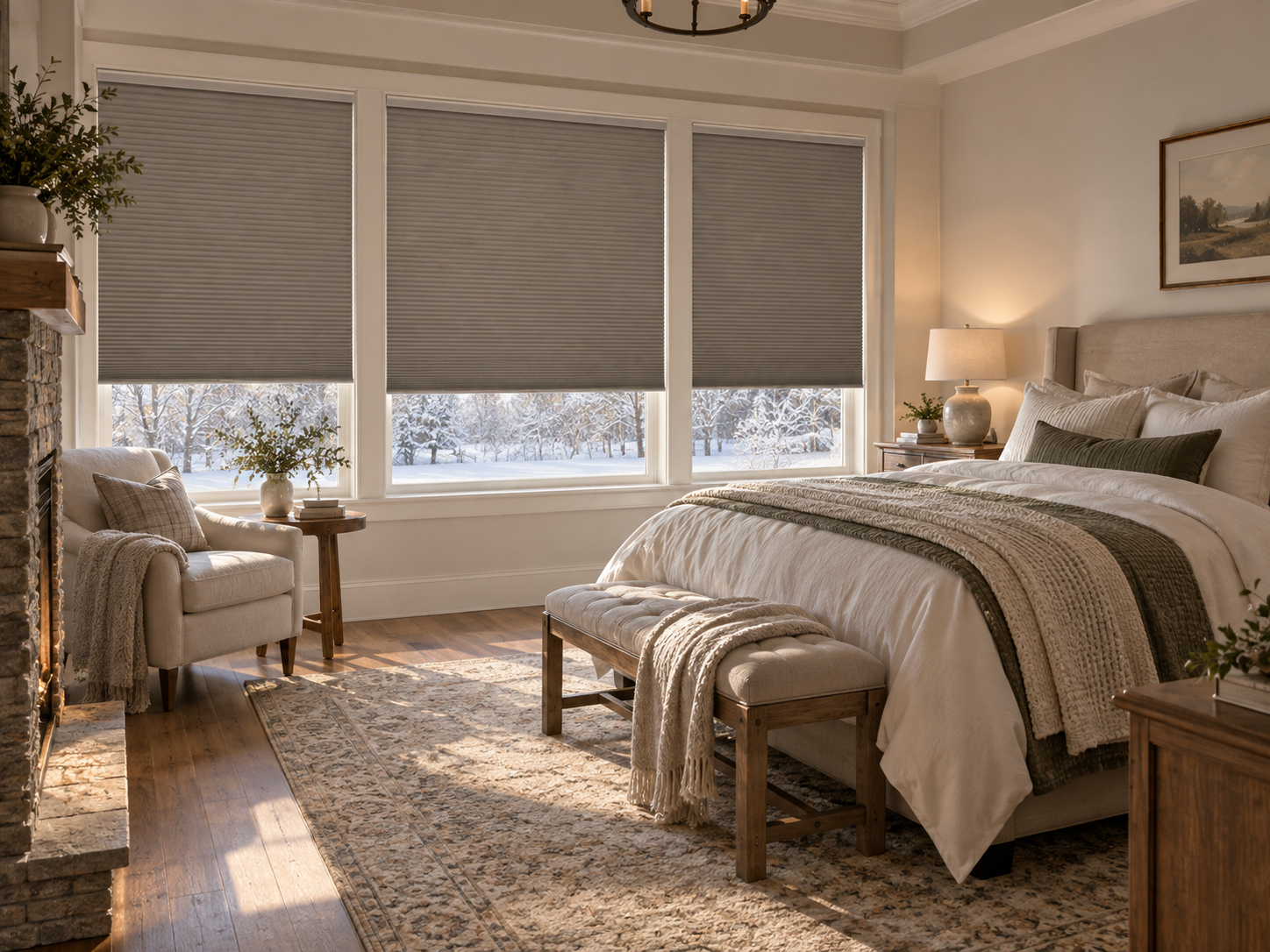 Cozy beige bedroom with a large bed, armchair, bench, and sunlight through raised blackout shades over a window.