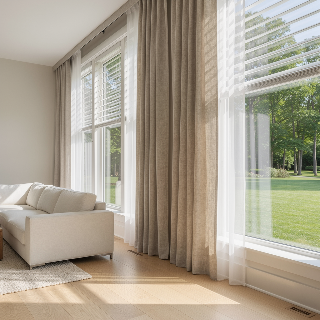 Bright living room with cream sofa, sheer curtains, drapes, and large windows overlooking a green lawn