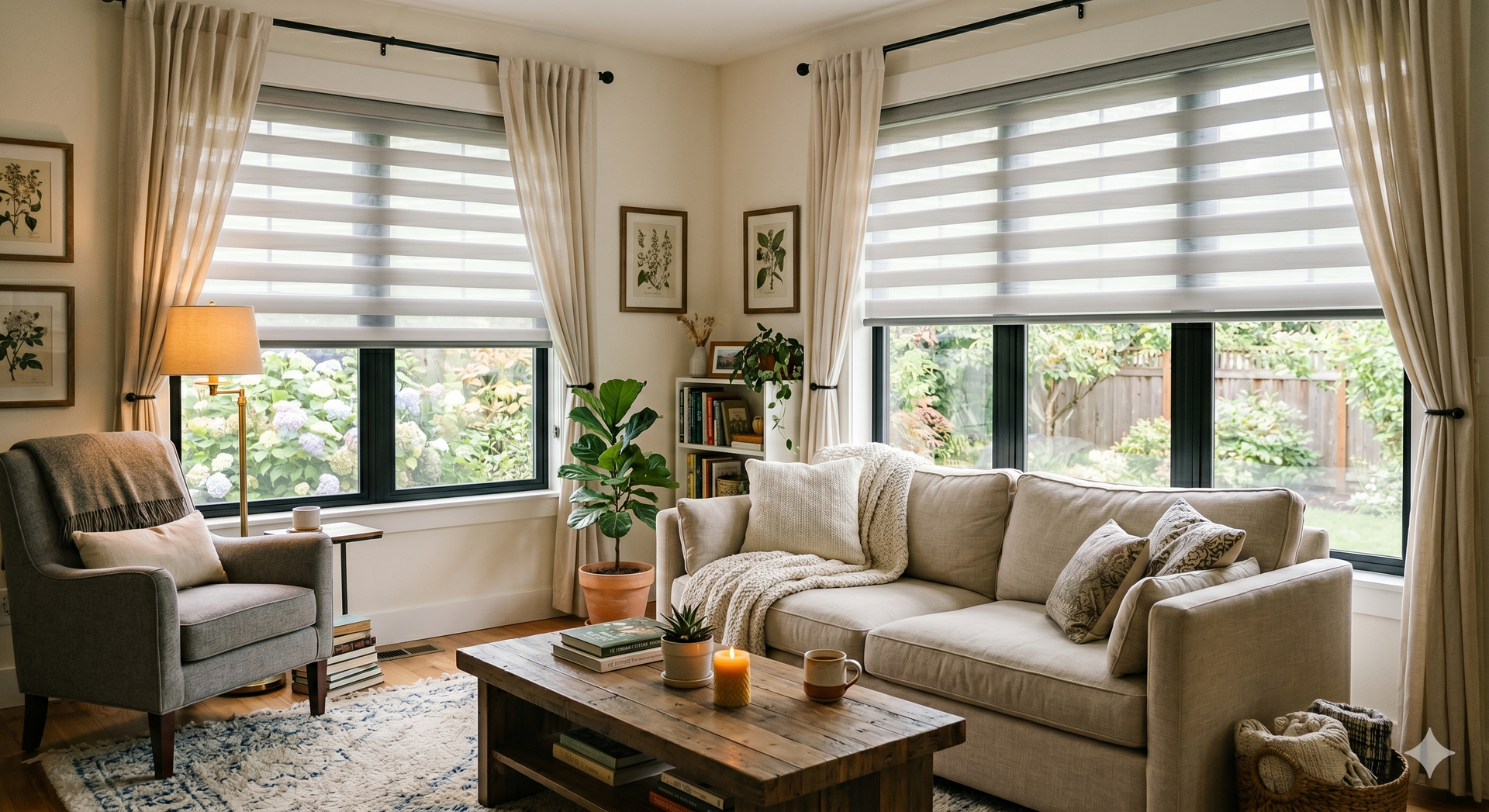 Cozy living room with beige sofa, armchair, coffee table, plants, and large windows with zebra blinds.