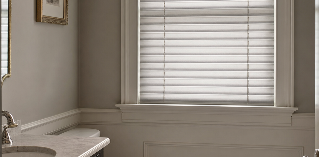 Bathroom with a sink on the left and a window with white faux wood blinds above a wainscoted wall.