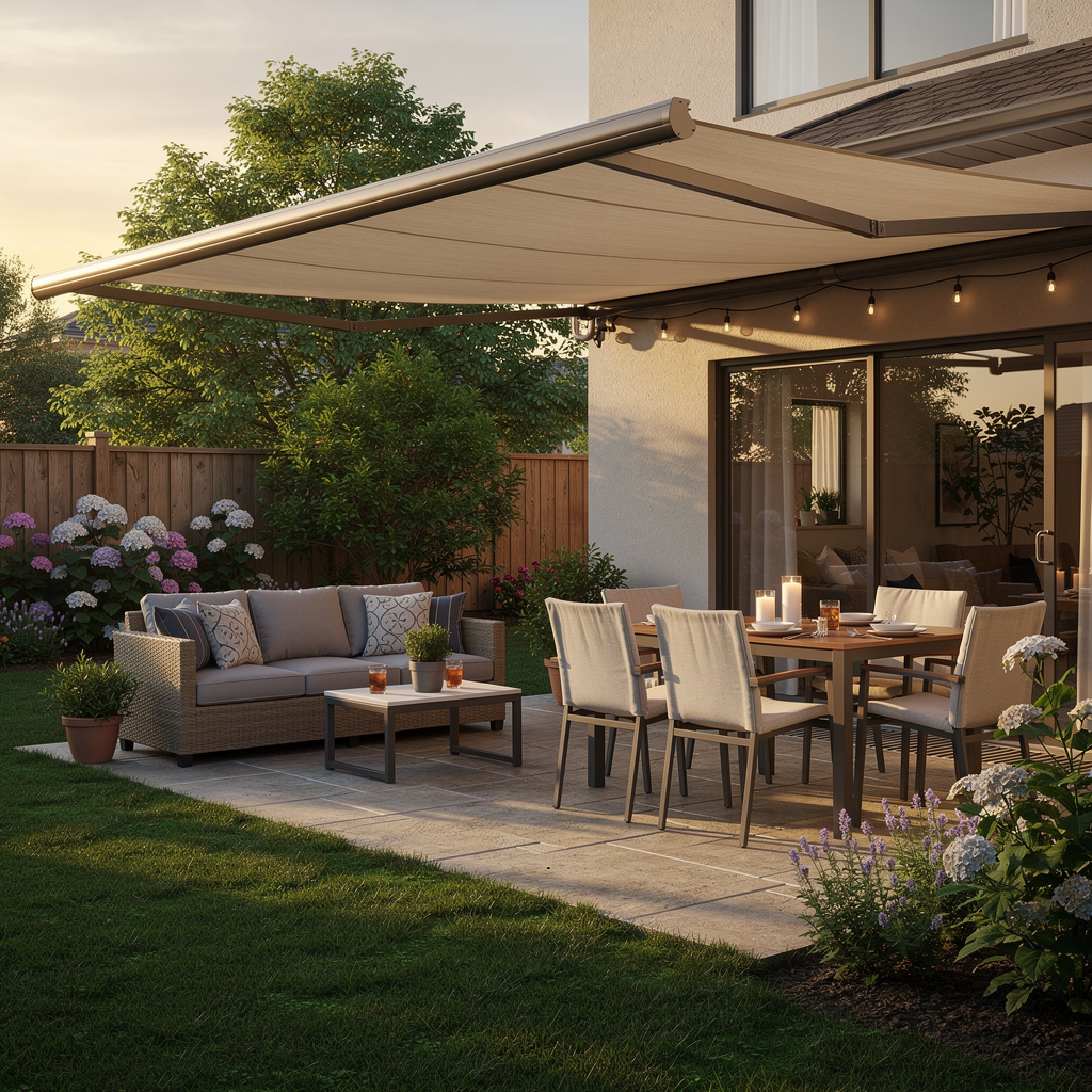Modern patio with retractable awning, outdoor dining table, sofa, and garden in a backyard at sunset