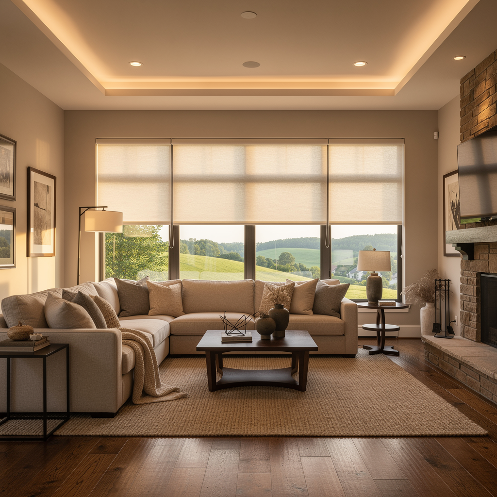 Cozy modern living room with beige sectional sofa, large window with roller shades, and warm recessed lighting.
