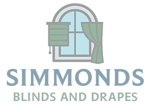 Logo for Simmonds Blinds and Drapes, featuring a window with a green blind and curtain.