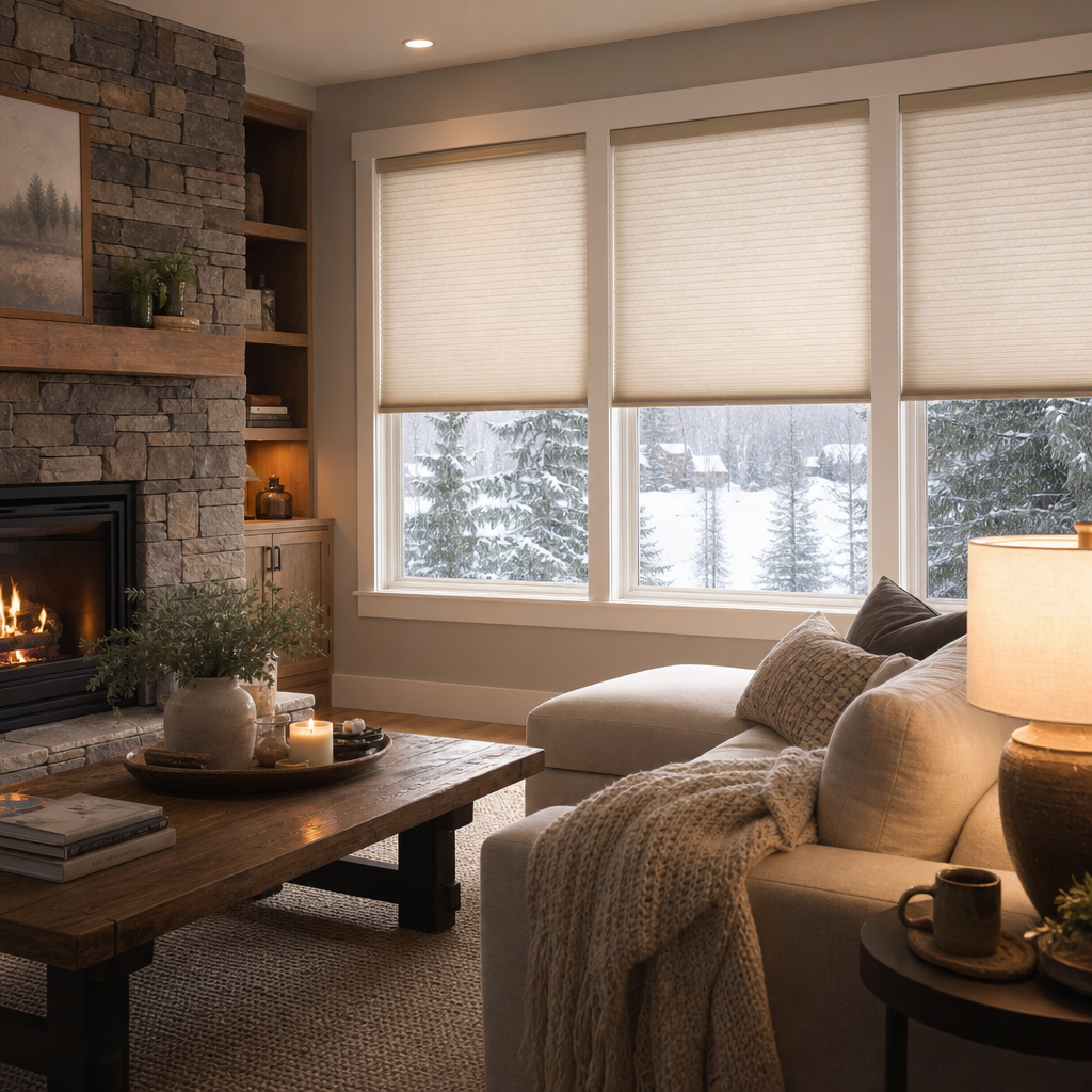 Cozy living room with lit fireplace, large snowy window with cellular shades, and neutral-toned sofa with lamp and coffee table