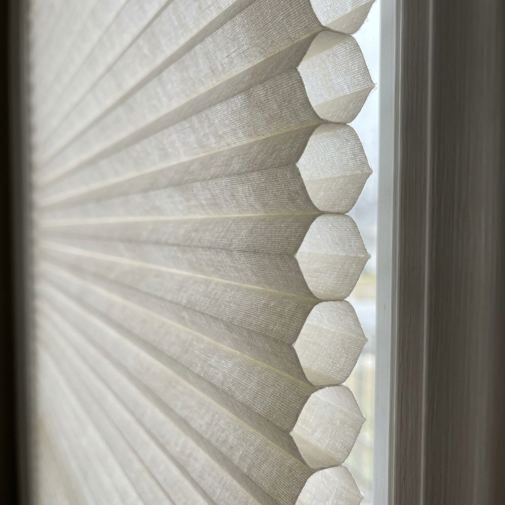 Close-up of white honeycomb shades with a row of hexagonal textured edges by a window